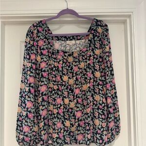 LOFT Navy Floral Square-Neck Blouse - Pink & Yellow Flowers